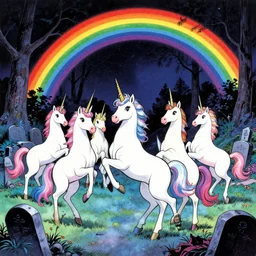 A group of five unicorns dancing on a rave in a graveyard in the woods under a rainbow in the night sky, Manga by Salvador Dali