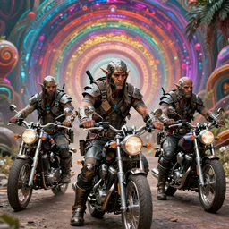 psychedelic post apocalyptic orcish biker gang, sharp focus, psychedelic colors, boris vallejo, michael whelan, 8 k, epic scifi fantasy art