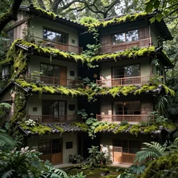 overgrown multi-level japanese apartment, moss atmospheric, kodak, fuji film, photoreal, 12k ursa, volumetric light, cinematic photograph concept art, intricate, artstation, studio ghibli, eddie mendoza, james chadderton