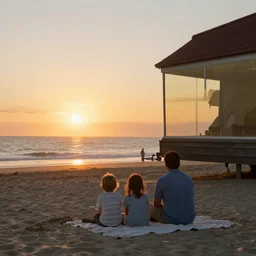 a family sitting on a blanket at the beach watching the sun go down in the style of Edward hopper