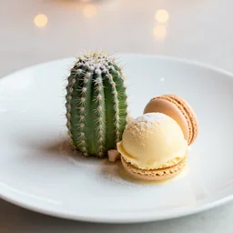 a fine dining dessert plate of spiky cactus and ice cream, sugar sprinkled, macaron, food photography, michelin star, fine dining, bokeh