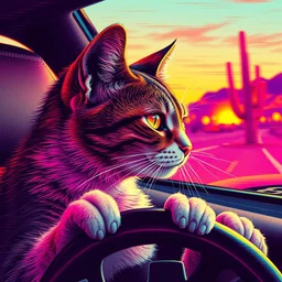 a cat that is a crackhead, driving a lamborghini in tucson arizona, glitch art, arizona colors, moebius style, grainy painting