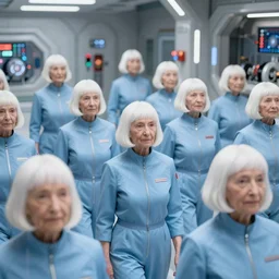 troop of 9 0 year old women with white bob hairdos, tight light blue neopren pilot suits, futuristic cloning facility, sci - fi, highly detailed, cinematic