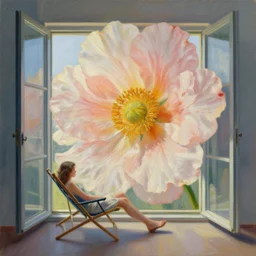 closeup, huge flower head, woman sitting on lounge chair by an open window, surreal photography, studio light, impressionist painting, digital painting, artstation, simon stalenhag