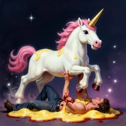 cheesy unicorn impales man on bloody horn, airbrush, sparkles, dynamic lighting