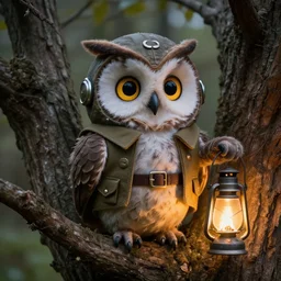 anthropomorphic, 3 d owl wearing ww 2 pilot clothes, funny facial expression, in a tree by beatrix potter, sharp focus, detailed fluffy feathers, glowing eyes, glowing lanterns
