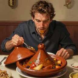 trevor philips eating moroccan tagine, highly detailed, digital painting, artstation, concept art, smooth, sharp focus, illustration, art by artgerm and greg rutkowski and alphonse mucha