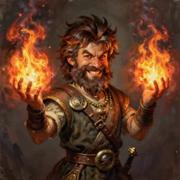 cassidy beautiful portrait painting of a very short and small male halfing bard with brown hair with some grey hairs, full beard, ridiculous smile, from pathfinder, evil smirk, narcissist, self centered, casting fireball, painted by larry elmore, wayne reynolds, greg rutkowski, magic the gathering, dungeons and dragons, dishonored 2