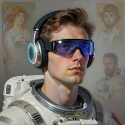 future coder man looking on, sleek cyclops display over eyes and sleek bright headphoneset, neon accent lights, holographic colors, desaturated headshot portrait painting by dean cornwall, rhads, john berkey, tom whalen, alex grey, alphonse mucha, donoto giancola, astronaut cyberpunk electric fashion photography