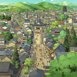 japanese city with horses top view by studio ghibli painting, by ohara koson and thomas kinkade