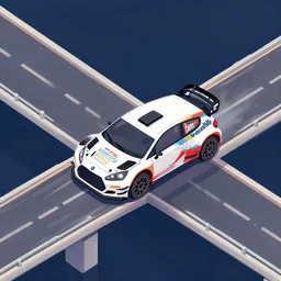 rally car driving over bridge. isometric, digital art
