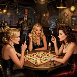 women in the interior of a steampunk pub, Milo Manara, night time, Margot Robbie, Scarlett Johanson, zoey Deschannel, smoking cigarettes, playing board games, highly detailed, pulp fiction poster art, level design, concept art, artstation, cgsociety, zenith view