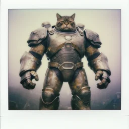 epic pose!!! giant oversized battle armor hulded anthropomorphic cat rugged hulked, in legnica, full body, cinematic focus, polaroid photo, vintage, neutral dull colors, soft lights, foggy mist, by oleg oprisco, by thomas peschak, by discovery channel, by victor enrich, by gregory crewdson