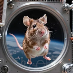 a cute mouse floating inside the international space station, realistic, professional photography, 4 k, sharp lens, focus, depth of field