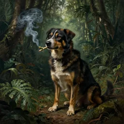a dreadful dog smoking weed, in the jungle, by rembrandt
