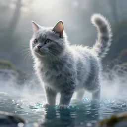 a cat created from water, very high details, volumetric fog, raytracing, back light, raymarching, by digital domain, by weta digital