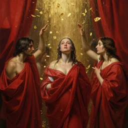beautiful oil matte painting, people showered by red drapers, raining golden sheets, wonderful masterpiece highly detailed, beautiful cinematic light deep focus, elegant, digital painting, smooth, sharp focus, golden ratio, dramatic illumination, ultra realistic, 8 k, art by artemisia lomi gentileschi and caravaggio