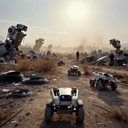 a first person view of few broken boston dynamics wheeled robots, in a big scrap yards of robots, gigantic contraptions scattered in the horizon, electric sparks, cemetery, dried up bushes, polluted land, cables stacked on the ground, dust bowl, heat haze mirage, blinding sun, dust storm in the horizon, reporter, live footage, canon landscape lens, ektachrome color photo
