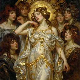 hyper realistic painting of goddess of melancholy, gold ornaments, flowing fabric, intrincate detail, detailed faces by wayne barlowe, gustav moreau, goward, gaston bussiere and roberto ferri, santiago caruso, and austin osman spare, ( ( ( ( occult art ) ) ) ) bouguereau, alphonse mucha, saturno butto