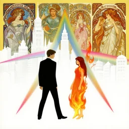 a man in black suit in a white city meet a girl on fire, pink floyd album cover, 1 9 7 0's, by storm elvin thorgerson, moebius, craig mullins, beksinski, bruegel, greg rutkowski, alphonse mucha, and yoshitaka amano, colorful flat surreal design, hd, 8 k, artstation