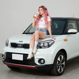 belle Delphine drinking white claw sitting on the hood of a Kia Soul with peanut butter for wheels 8k