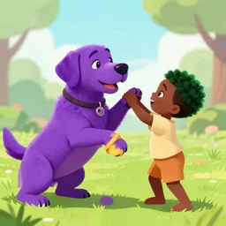 violet Labrador playing with an African kid with green hair, digital art