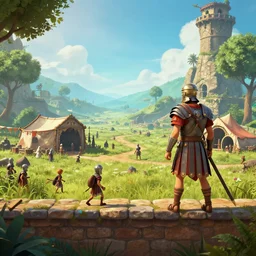 ultra realistic side scroller rendered on a 3080ti set in a Roman Centurion outpost, view like Ori and the blind forest