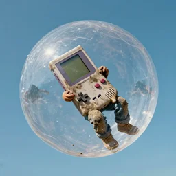 filthy gamer floating gently down from the sky in a plastic wrapped bubble. aerial footage. he is wearing a gameboy on his hands.