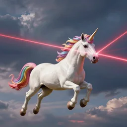 an unicorn with rainbow ponytail shooting red laser beams from eyes flying on the background of the sky
