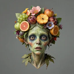headshot of a trickster fairy, nature zombie, head made of fruit and flowers in the style of arcimboldo, covered with gems and bubbles, fantastical, digital illustration, dynamic lighting, action figure, clay sculpture, claymation, turquoise black and yellow, rainbow stripe backdrop