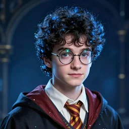 close - ip shot, character portrait, a seventeen years old ravenclaw wizard with black curly hair, wearing glasses!!! with a mandrake!!!, blue shiny lighting, beautiful fantasy art by by artgerm and hayao miyazaki, trending on artstation