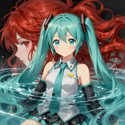 clear portrait of anime girl hatsune miku which is drowned in water by a woman with red hair gathered in two twisted tails, water, light effect. hyper detailed, illustration, bloody, intricate, elegant, digital painting, artstation, smooth, sharp focus, art by artgerm and greg rutkowski and alphonse mucha.