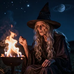 old witch looking into a flame under the night sky, stars and planets, photorealistic, high detail, edgy photography, long hair
