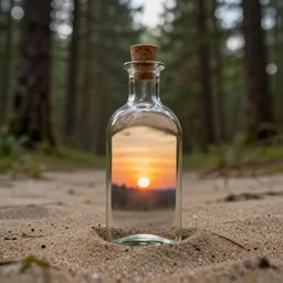 a forest with a sunset in a bottle, on the sand, realistic photo, professional photo, lighting, well detailed