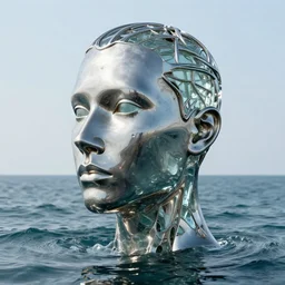 a human head metal and glass sculpture on the surface of the ocean, in the style of chad knight, hyper detailed, hyper realistic, ray tracing, 8 k resolution, sharp focus