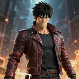 an epic anime of a man energy, leather jacket, leather gloves, ghibli, unreal 5, octane render, rpg portrait, dynamic lighting, epic, epic anime, 2 d