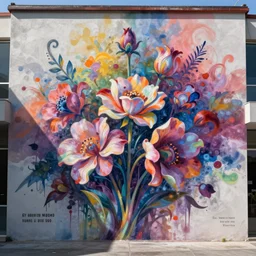 by roberto matta, by david aja. this street art is a large canvas, covered in a wash of color. in the center is a cluster of flowers, their petals curling & twisting in on themselves. the effect is ethereal & dreamlike, & the overall effect is one of serenity & peace.