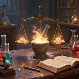 hyper realistic, table, wizards laboratory, greg rutkowski, mortar, pestle, balance with glowing powder, energy flowing, magic book, beakers of colored liquid, tony sart