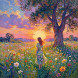 girl made of flowers, standing in a flower field, big trees, sunrise dramatic light, impressionist painting, colorful clouds, digital painting, pointillism, artstation, simon stalenhag