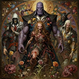 the platonic ideal of flowers and rot of cletus kasady ultimate carnage thanos dementor doctor manhattan chtulu nazgul assasins creed, detailed, intricate, hyperrealism, intense, scary, decay, dmt, art by brock hofer and artgerm and greg rutkowski and alphonse mucha