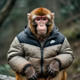 an old picture of a monkey wearing a nike puffer jacket