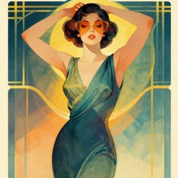 ( ( strong dither ) ), illustrated portrait a woman like reol, retro art deco poster, dynamic pose, colorful, moody, mads berg, ( ( murata range ) ), detailed features, dynamic composition, wide angle, matte print,, fog, dramatic lighting, halftone, stippled light, risograph, 4 k