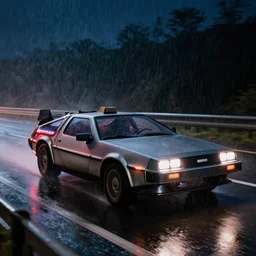 futuristic delorean time machine at night in the rain driving on the highway