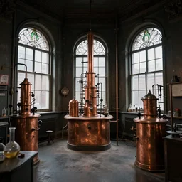 dark indoor vintage crazy chemistry lab with copper equipment in a cubic room with large victorian windows