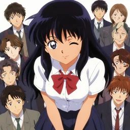 anime cell shaded, anime tanned!!! girl wearing school outfit looking down towards camera, winking at camera from the top, looking towards the camera, wlop, ilya kuvshinov, artgerm, krenz cushart, greg rutkowski, hiroaki samura, range murata, james jean, katsuhiro otomo, erik jones