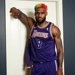 paparazzi photo of lebron james leaning against the door in the style of sixnine, rainbow hair, high quality