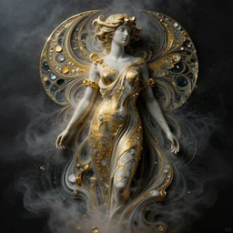 3 d abstract art noveau beautiful female sculpture, liquid marbling acrylic paint, golden mineral quartz and crystals, intricate, elegant, art noveau, dark mood, volumetric light fog, sidelight, energy flowing by swirly acrylic fluid river, octane render, 8 k, wlop, tooth wu, greg rutkowski, beeple, kandinski