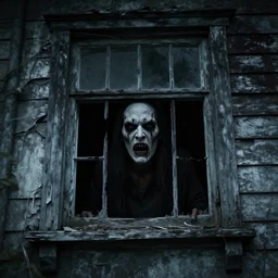 a photo of a terrifying face looking out of a window of a crumbling haunted house.