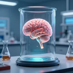 alien brain suspended in liquid in a glass container sitting on the table of a science laboratory, octane, trending on artstation, volumetric lighting — w 6 4 0