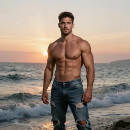 a very muscular and defined man wearing ripped pants and shirt looking to the sea at sunset, godrays, complementary colors, natural lighting, portait image, path tracing, serene landscape, high quality, highly detailed, 8K, soft colors, warm colors, turbulent sea, high coherence, anatomically correct, hyperrealistic, concept art, defined face, five fingers, looking to the camera